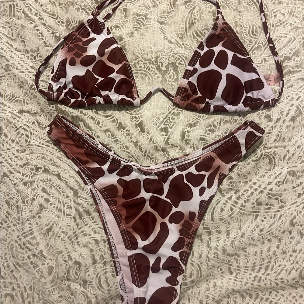 Burgundy and White Giraffe Print Bikini